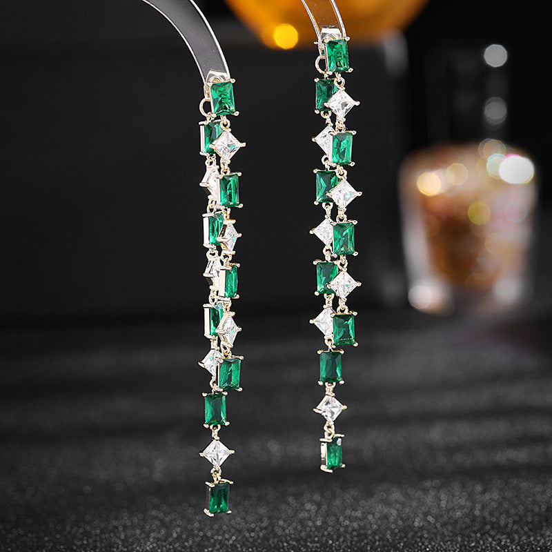 Geometric ultra-shiny rectangular zircon long detachable two-way tassel earrings