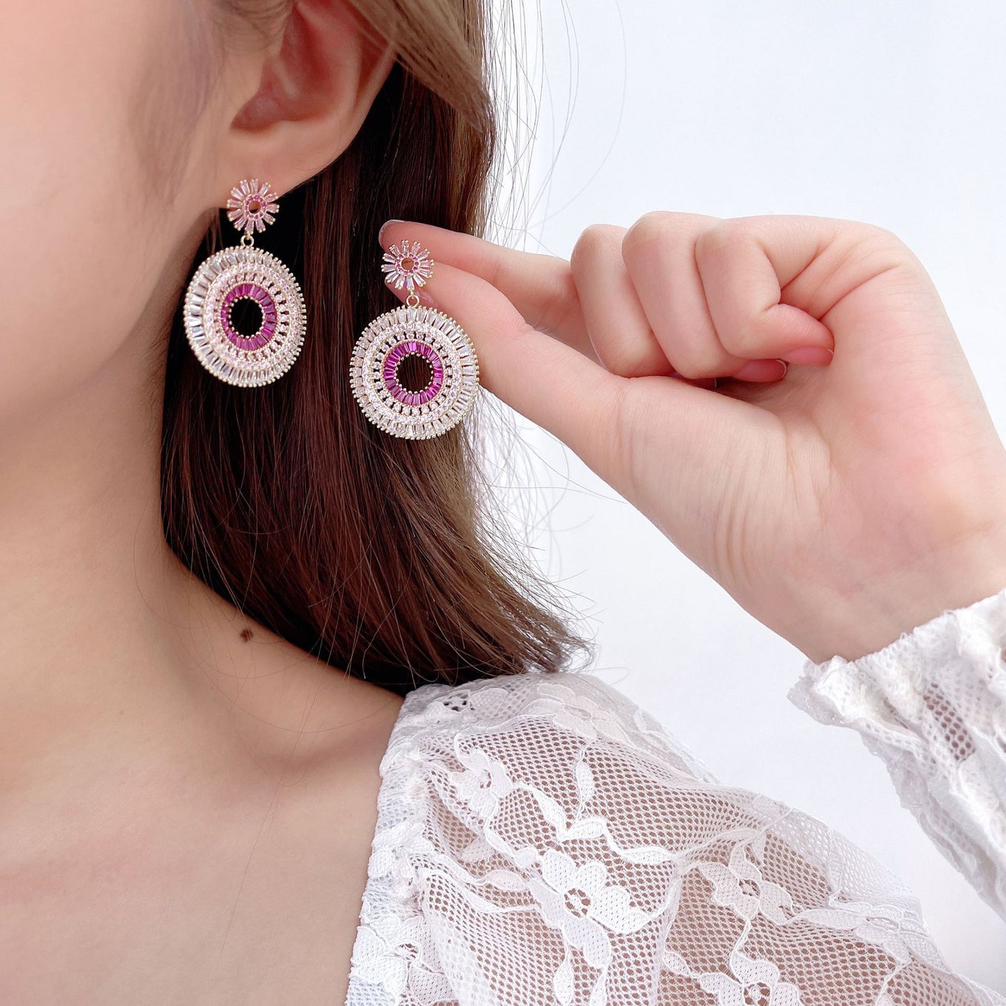 Retro blue heavy industry gradient pink zircon rainbow hoop earrings