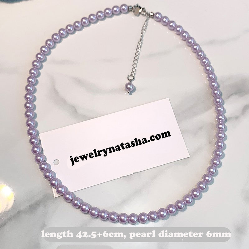 Lavender purple pearl necklace for women, perfect round flawless light bulb, light luxury stacking necklace, clavicle chain