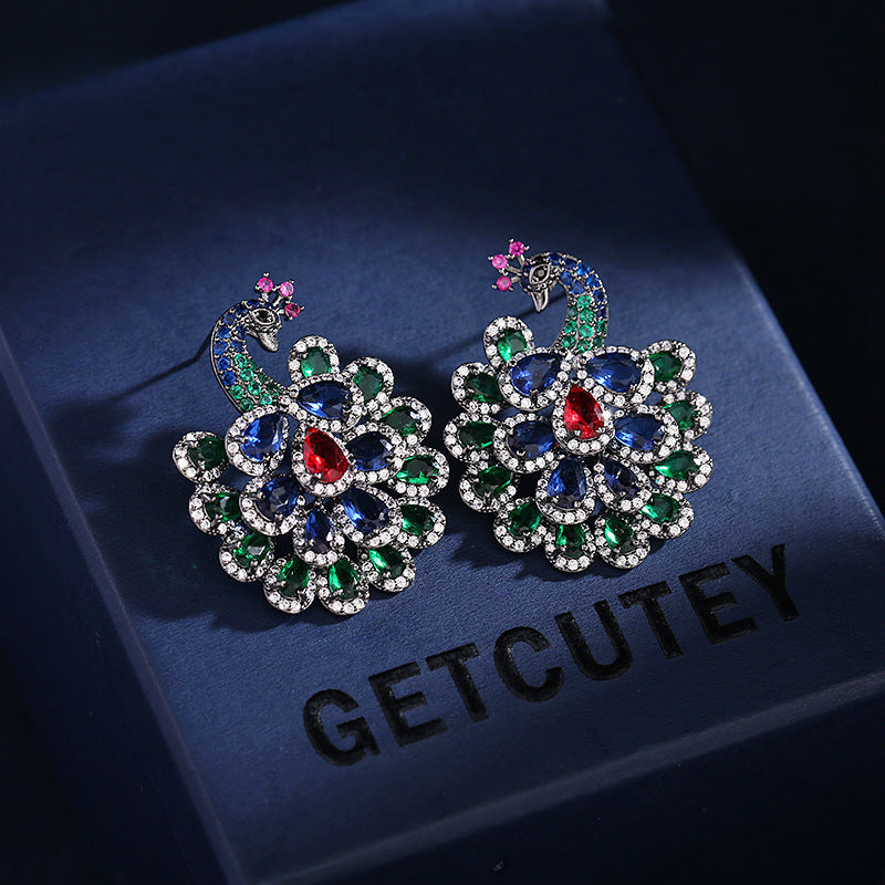 hot sale light luxury fashion jewelry colorful zircon inlaid peacock earrings