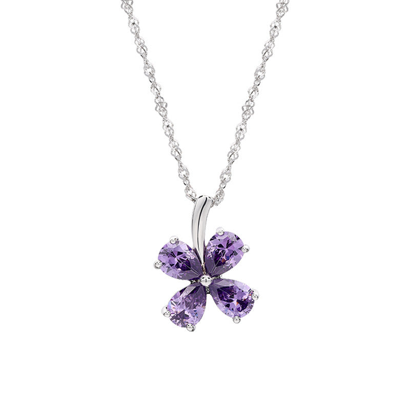 Sterling silver four-leaf clover pendant fashionable purple zircon necklace