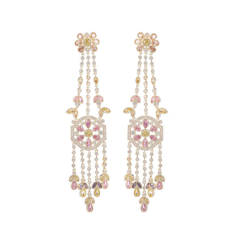 colored zircon flowers, long water drop tassel earrings