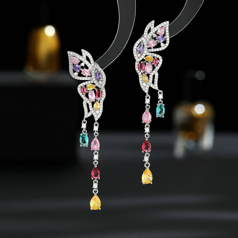 long face-modifying butterfly water drop tassel earrings