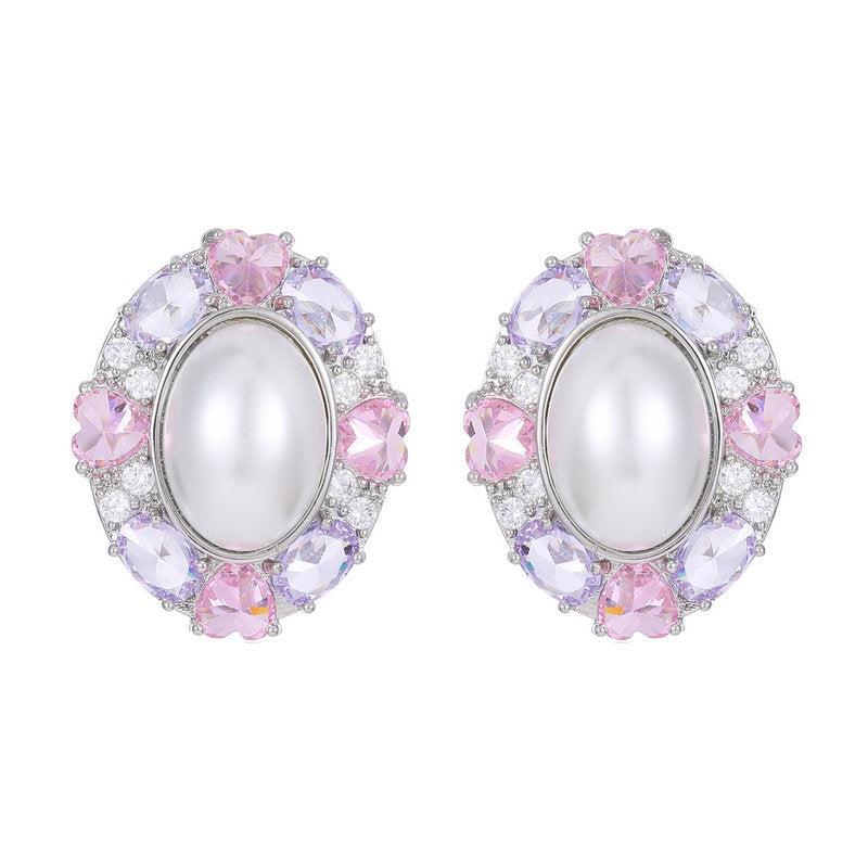 geometric oval zircon inlaid pearl high-end earrings