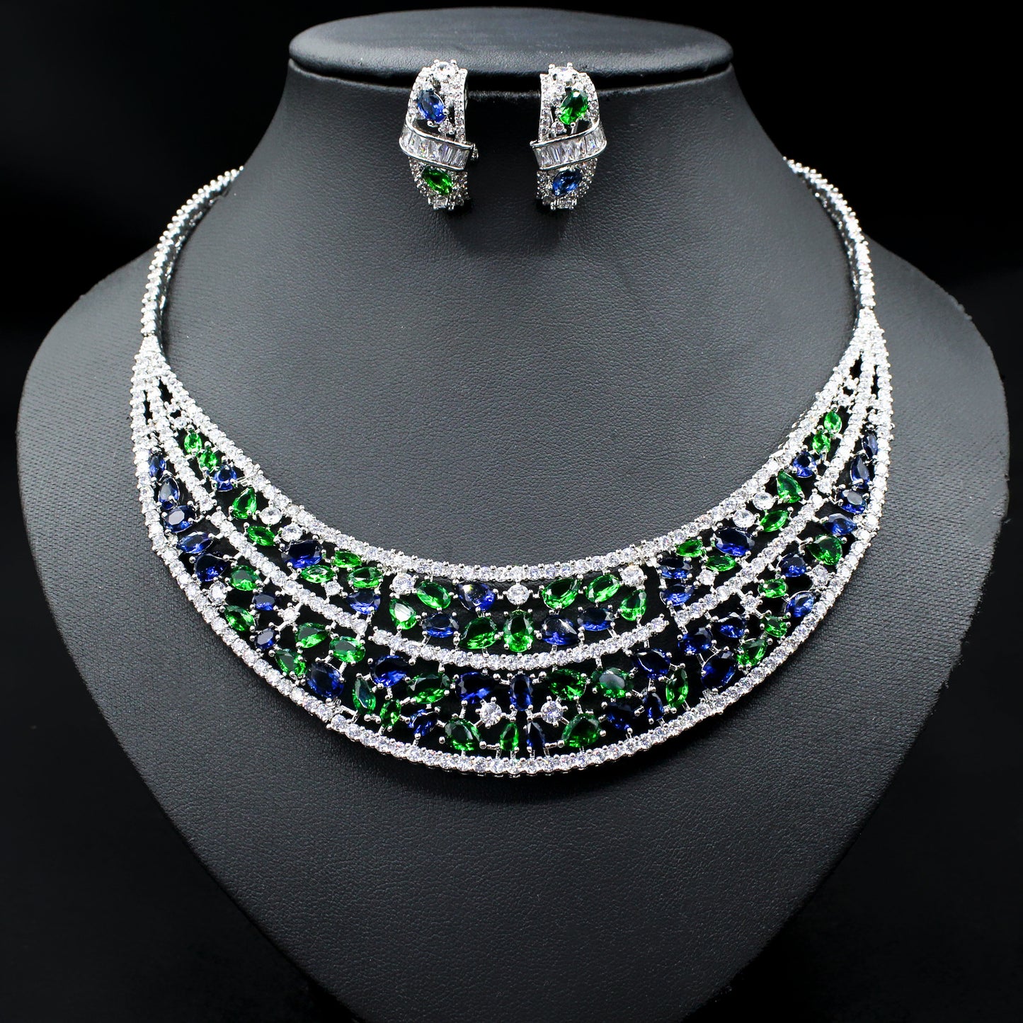 European and American bride emerald earrings and necklace set zircon micro-inlaid diamond earrings two-piece set