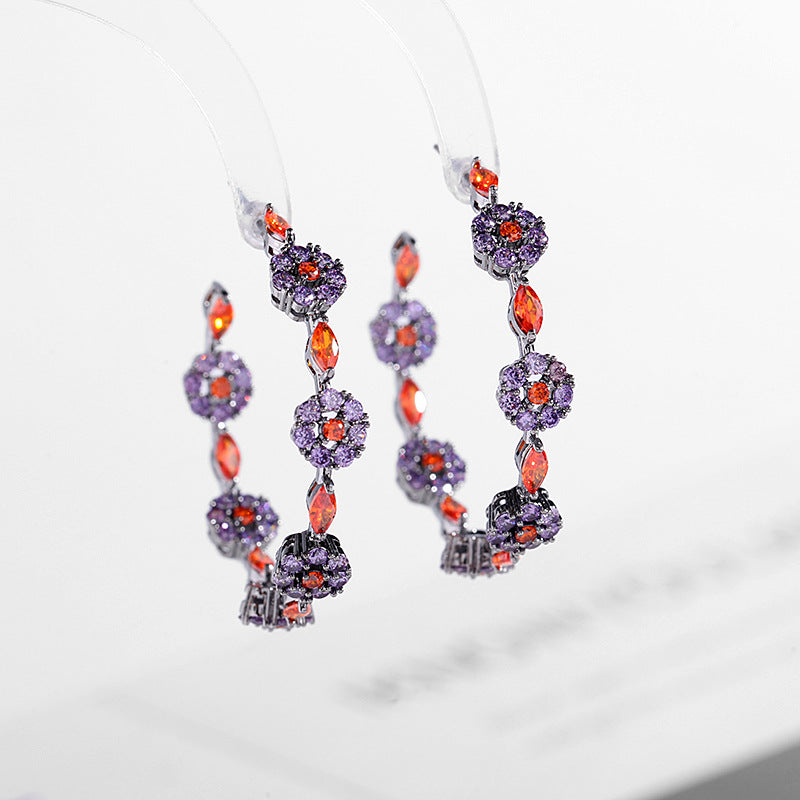 Black bottom hoops, colorful zircon silver needle earrings, flower earrings