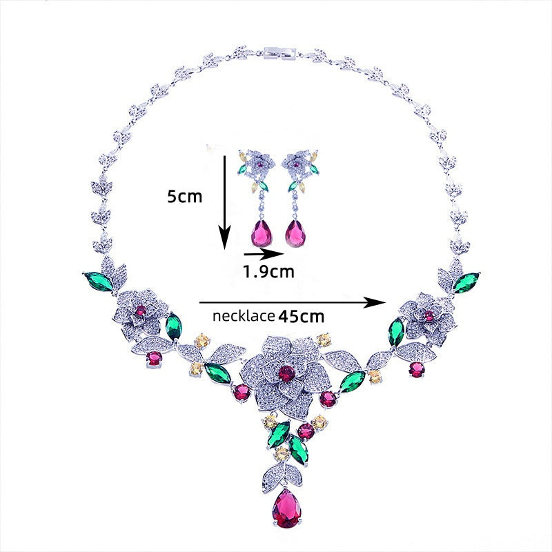 Retro autumn and winter flower zircon necklace earrings jewelry set fashion popular temperament luxury accessories