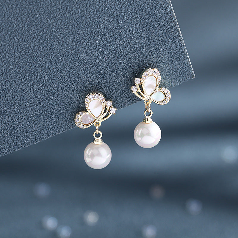 Small shell pearl earrings silver needle short zircon butterfly earrings