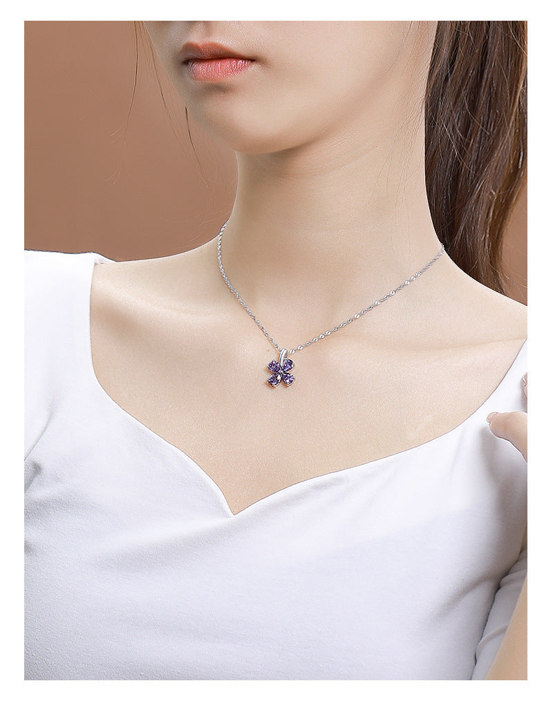 Sterling silver four-leaf clover pendant fashionable purple zircon necklace